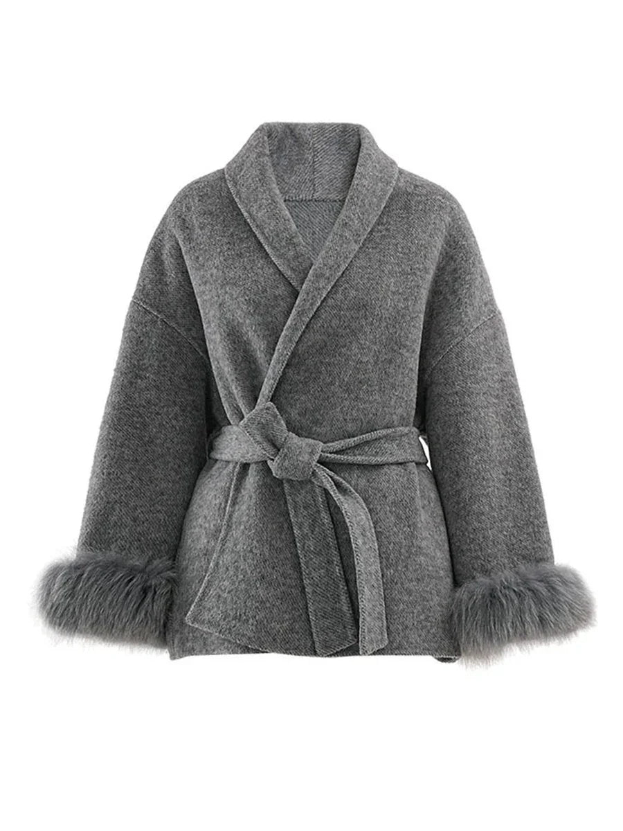 100% Wool Fur Trim Long Sleeve Coat