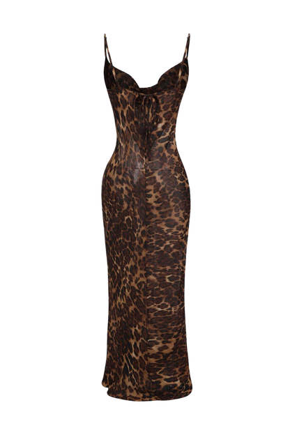 Mesh Sheer Leopard Print Bodycon Maxi Dress